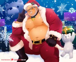 Rule 34 | 1boy, bara, bare pectorals, bear, beard, bell, belly, belt, black-framed eyewear, blush, boots, box, bulge, christmas, daisukebear, fat, fat man, feet out of frame, full beard, fur trim, gift, gift box, glasses, gloves, grey hair, hat, large pectorals, male focus, mature male, navel, neck bell, nipples, old, old man, original, paid reward available, pectorals, plump, salute, santa claus, santa costume, santa hat, short hair, sitting, smile, solo, sparse navel hair, spread legs, stomach, thick eyebrows, thick mustache, thighs, trait connection, two-finger salute