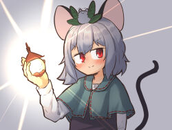 Rule 34 | 1girl, absurdres, animal, animal ears, animal on head, bishamonten&#039;s pagoda, blush, closed mouth, commentary request, glowing, greenpiecerice, grey background, grey hair, grey vest, hair between eyes, highres, holding, leaf, leaf on head, long sleeves, looking at viewer, medium bangs, mouse (animal), mouse ears, mouse girl, mouse tail, nazrin, on head, red eyes, ribbon-trimmed capelet, shirt, short hair, smile, solo, tail, touhou, upper body, v-shaped eyebrows, vest, white shirt