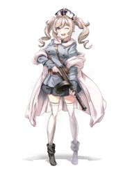 Rule 34 | 1girl, barbara (genshin impact), black footwear, blonde hair, blue jacket, boots, commission, cosplay, drill hair, full body, genshin impact, girls&#039; frontline, gloves, grey eyes, gun, haonfest, highres, holding, holding gun, holding weapon, jacket, long sleeves, miniskirt, one eye closed, skirt, solo, striped clothes, striped skirt, submachine gun, suomi (girls&#039; frontline), suomi (girls&#039; frontline) (cosplay), suomi kp/-31, thighhighs, twin drills, twintails, vertical-striped clothes, vertical-striped skirt, weapon, white gloves, white headwear, white thighhighs