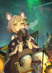 Rule 34 | 1girl, animal ear fluff, animal ears, blunt bangs, campfire, cup, dutch angle, earrings, gloves, grey eyes, grey hair, hair ornament, hairclip, hide (hideout), highres, jewelry, looking at viewer, mug, original, shooting star, short hair, sitting, sky, solo, star (sky), stargazing, starry sky, telescope, thick eyebrows, thighhighs, white thighhighs