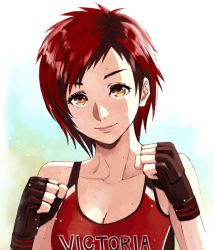 Rule 34 | 1girl, bare shoulders, boxing gloves, breasts, cleavage, clenched hands, closed mouth, clothes writing, collarbone, commentary request, dead or alive, dead or alive 6, fighting stance, fubuki (fakemonkey0224), gloves, hands up, looking at viewer, medium breasts, mila (doa), red hair, short hair, simple background, smile, solo, sports bra, sweat, tomboy, upper body, yellow eyes