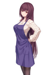 Rule 34 | 1girl, apron, bare shoulders, black pantyhose, breasts, casual, chestnut mouth, collarbone, cowboy shot, fate/grand order, fate (series), hair between eyes, highres, jewelry, kamo ashi, large breasts, light blush, long hair, looking at viewer, necklace, off-shoulder sweater, off shoulder, official alternate costume, pantyhose, purple apron, purple hair, red eyes, scathach (fate), simple background, solo, sweater, tying apron, white background