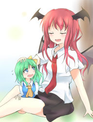 Rule 34 | 2girls, ascot, bad id, bad pixiv id, bat wings, between legs, blue eyes, blush, closed eyes, daiyousei, flying sweatdrops, gradient background, green hair, hair ribbon, hand on another&#039;s head, head wings, koakuma, long hair, looking at another, mickeysmith, mini person, minigirl, multiple girls, necktie, open mouth, red hair, red necktie, ribbon, short hair, short sleeves, side ponytail, sitting, size difference, skirt, touhou, wings