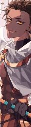 Rule 34 | 1boy, absurdres, bishounen, brown hair, cape, dark skin, dark-skinned male, ear piercing, egyptian clothes, fate/grand order, fate (series), hair between eyes, highres, holding, holding staff, long image, long sleeves, looking at viewer, male focus, mizuki (mz), open mouth, ozymandias (fate), piercing, short hair, smile, solo, staff, tall image, white cape, yellow eyes