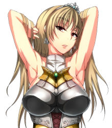 Rule 34 | 1girl, armor, armpits, arms behind head, arms up, bare shoulders, blonde hair, breasts, brown eyes, cisna, crown, earrings, gem, halterneck, hand in own hair, hand on own head, jewelry, kamita, kara (white knight chronicles), large breasts, long hair, looking at viewer, open mouth, shirokishi monogatari, sideboob, simple background, solo, tiara, turtleneck, upper body, white background