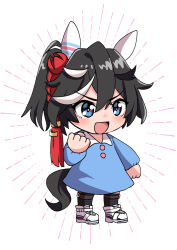 Rule 34 | 1girl, aged down, animal ears, black hair, black socks, blue dress, blue eyes, chibi, clenched hands, commentary request, dress, ear covers, emphasis lines, hair between eyes, hair ornament, highres, horse ears, horse girl, horse tail, katsuragi ace (umamusume), long sleeves, looking at viewer, medium hair, multicolored hair, open mouth, ponytail, prtn (ttnx), shoes, simple background, sneakers, socks, solo, streaked hair, tail, tassel, tassel hair ornament, umamusume, v-shaped eyebrows, white background, white footwear, white hair