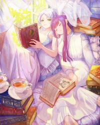 Rule 34 | 2girls, absurdres, bare shoulders, book, book stack, closed eyes, closed mouth, cowboy shot, cup, curtains, dress, earrings, elf, feet out of frame, fern (sousou no frieren), frieren, green eyes, hair between eyes, head on another&#039;s shoulder, highres, holding, holding book, indoors, jewelry, leaf, long hair, long sleeves, looking at viewer, lying, multiple girls, nakauma, on back, open book, parted bangs, parted lips, pillow, pointy ears, purple hair, revision, saucer, sidelocks, sitting, sleeping, sleeveless, sleeveless dress, smile, sousou no frieren, sunlight, teacup, white dress, white hair, window, window shadow