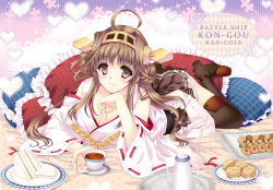 Rule 34 | 10s, 1girl, arm support, bare shoulders, breast rest, breasts, brown hair, cake, character name, copyright name, cup, detached sleeves, food, hair ornament, hairband, headgear, japanese clothes, kantai collection, kongou (kancolle), large breasts, long hair, lying, on stomach, personification, ribbon-trimmed sleeves, ribbon trim, sandwich, scone, skirt, solo, tamiya akito, tea, teacup, thighhighs