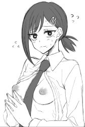 Rule 34 | 1girl, black hair, breasts, chainsaw man, flying sweatdrops, greyscale, hair ornament, hairclip, higashiyama kobeni, highres, inverted nipples, mole, mole under eye, mole under mouth, monochrome, necktie, nervous, open clothes, open shirt, shirt, short ponytail, simple background, solo, sou (mgn), sweat, white background
