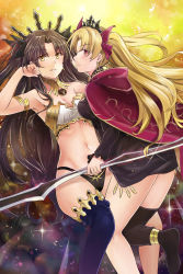 Rule 34 | 2girls, absurdres, anklet, armlet, armpits, bandeau, between legs, black dress, black panties, black ribbon, black thighhighs, blonde hair, blue legwear, blush, breasts, brown hair, cape, cleavage, closed mouth, commentary request, crown, diffraction spikes, dress, dual persona, earrings, ereshkigal (fate), fate/grand order, fate (series), feet out of frame, frilled sleeves, frills, from side, frown, glint, gold trim, groin, hair ribbon, hand on own cheek, hand on own face, hand up, highleg, highleg panties, highres, holding, holding weapon, ishtar (fate), jeffrey10, jewelry, light blush, long hair, long sleeves, looking at viewer, looking to the side, medium breasts, midriff, multiple girls, navel, neck ring, open mouth, panties, parted bangs, profile, red cape, red eyes, red ribbon, ribbon, ruffling hair, short dress, sidelocks, single thighhigh, smile, sparkle, star (symbol), taut clothes, teeth, thighhighs, tiara, tohsaka rin, tsurime, two side up, underwear, v-shaped eyebrows, very long hair, weapon, yellow eyes
