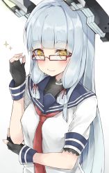 Rule 34 | 10s, 1girl, aqua hair, bespectacled, black gloves, blunt bangs, brown eyes, cole (coleltu), dress, elbow rest, fingerless gloves, glasses, gloves, hair ribbon, headgear, kantai collection, long hair, looking at viewer, murakumo (kancolle), neckerchief, red-framed eyewear, ribbon, sailor dress, sidelocks, simple background, smile, solo, sparkle, upper body, white background, white dress