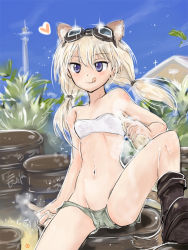 Rule 34 | 1girl, :q, animal ears, barrel, blonde hair, blue eyes, boots, bottle, carla j. luksic, collarbone, drum (container), goggles, heart, md5 mismatch, mishiro shinza, navel, noble witches, short shorts, shorts, solo, spread legs, strapless, strike witches, tail, tongue, tongue out, tube top, twintails, white tube top, world witches series