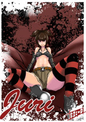 Rule 34 | 1girl, alternate costume, belt, belt buckle, big-d, bikini, bikini top only, breasts, buckle, bug, capcom, cutoffs, detached sleeves, drill hair, elbow gloves, gloves, han juri, latex, leather, pointy hair, punk, red eyes, red thighhighs, shoes, short hair, short shorts, shorts, small breasts, smile, sneakers, solo, spider, spread legs, street fighter, street fighter iv (series), striped clothes, striped thighhighs, swimsuit, thighhighs, twin drills, twintails