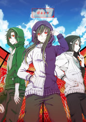 Rule 34 | 1girl, 2boys, alternate costume, black hair, blue sky, chain-link fence, cloud, day, daze (kagerou project), fence, frown, green hair, hand in pocket, hood, hoodie, jacket, kagerou project, kano shuuya, kido tsubomi, long hair, looking at viewer, multiple boys, red eyes, red sky, seto kousuke, shidomura, short hair, sky, smile, track jacket, vocaloid