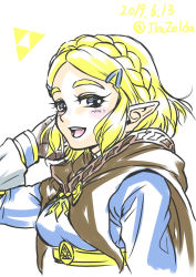 Rule 34 | 1girl, black gloves, blonde hair, blue eyes, breasts, cape, elf, gloves, grin, hair ornament, hairclip, hand up, highres, hood, looking at viewer, nintendo, open mouth, pointy ears, princess zelda, smile, solo, the legend of zelda, the legend of zelda: breath of the wild, the legend of zelda: tears of the kingdom, triforce, upper body