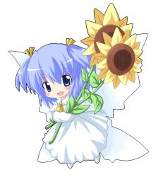 Rule 34 | 1girl, blue eyes, blue hair, blush, fairy, fang, female focus, flower, full body, highres, plant, r pascal, solo, sunflower, sunflower fairy (touhou), touhou, transparent background, wings