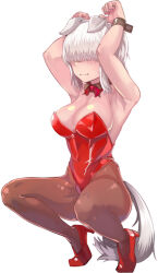 Rule 34 | 1girl, :|, animal ears, armpits, arms up, backless leotard, black wrist cuffs, blush, bow, bowtie, breasts, brown pantyhose, cleavage, closed mouth, commentary, covered eyes, detached collar, dog ears, dog tail, embarrassed, facing away, fake animal ears, fake tail, floppy ears, full body, ghgnvm, hair over eyes, hairband, hands up, high heels, highleg, highleg leotard, large breasts, leotard, long bangs, pantyhose, playboy bunny, rabbit pose, red bow, red bowtie, red footwear, romaji commentary, shiny clothes, shoes, short hair, sidelocks, simple background, solo, squatting, strapless, strapless leotard, tail, uzaki-chan wa asobitai!, uzaki yanagi, wavy mouth, white background, white hair, white hairband, wrist cuffs