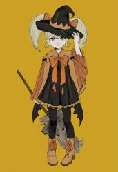 Rule 34 | 1girl, black dress, black hat, black pantyhose, blonde hair, bow, broom, commentary, danganronpa (series), danganronpa 2: goodbye despair, dress, full body, hair bow, hand on headwear, hand up, hat, holding, holding broom, large bow, long hair, long sleeves, looking at viewer, orange bow, orange dress, orange hat, pantyhose, red bow, saionji hiyoko, sema (vivaviva 02), shoes, simple background, solo, standing, symbol-only commentary, twintails, witch hat, yellow background