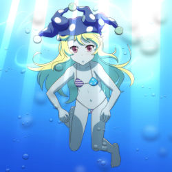 Rule 34 | 1girl, :o, air bubble, american flag bikini, bare arms, bare legs, bare shoulders, barefoot, bikini, blonde hair, blue bikini, breasts, bubble, cato (monocatienus), clownpiece, commentary request, flag print, full body, hat, jester cap, light rays, long hair, looking at viewer, navel, parted lips, polka dot, polka dot headwear, purple hat, red bikini, red eyes, small breasts, solo, star (symbol), star print, stomach, striped bikini, striped clothes, swimsuit, thighs, touhou, underwater, very long hair, white bikini