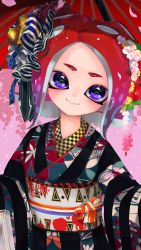 Rule 34 | 1girl, bad id, bad twitter id, black kimono, blue ribbon, cephalopod eyes, closed mouth, floral print, flower, hair flower, hair ornament, hair ribbon, head tilt, highres, japanese clothes, jpeg artifacts, kanzashi, kashu (hizake), kimono, leaf, long sleeves, looking at viewer, monster girl, nintendo, obi, octoling, octoling girl, octoling player character, parasol, pink background, print kimono, print sash, purple eyes, red flower, red hair, red umbrella, ribbon, sash, short eyebrows, short hair, silhouette, smile, solo, splatoon (series), splatoon 2, splatoon 2: octo expansion, striped ribbon, suction cups, tentacle hair, thick eyebrows, umbrella, upper body, white flower, yellow flower