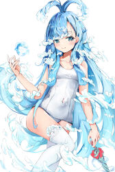 Rule 34 | 1girl, absurdres, antenna hair, bare arms, blue eyes, blue hair, blush, closed mouth, collarbone, highres, holding, hololive, hololive indonesia, kobo kanaeru, leg up, liquid hair, long hair, looking at viewer, one-piece swimsuit, school swimsuit, simple background, smile, solo, swimsuit, thighhighs, virtual youtuber, water, white background, white one-piece swimsuit, white thighhighs, xianxiangguan coffee
