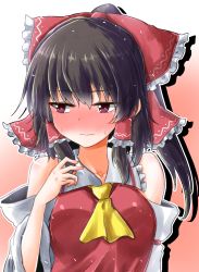 Rule 34 | 1girl, ascot, bare shoulders, black hair, blush, bow, breasts, collarbone, commentary request, detached sleeves, frilled bow, frilled shirt collar, frills, gradient background, hair between eyes, hair bow, hair tubes, hakurei reimu, highres, long hair, long sleeves, medium breasts, nose blush, oshiaki, outline, pink background, purple eyes, red bow, sidelocks, silhouette, solo, sweat, touhou, upper body, white background, white outline, wide sleeves, yellow ascot