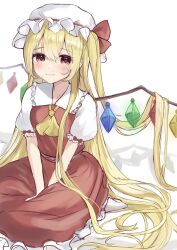 Rule 34 | 1girl, absurdly long hair, alternate hair length, alternate hairstyle, ascot, blonde hair, blush, breasts, closed mouth, crystal, eyes visible through hair, flandre scarlet, frilled shirt collar, frills, hair between eyes, hands on lap, hat, highres, light smile, long hair, looking at viewer, mob cap, naarsann, puffy short sleeves, puffy sleeves, seiza, short sleeves, sitting, skirt, small breasts, solo, touhou, v arms, very long hair, white hat, wings, yellow ascot