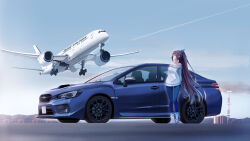 Rule 34 | 1girl, absurdres, adidas, adidas forum, aircraft, airplane, airport, black hair, blue eyes, blue hair, blue pantyhose, breasts, car, cloud, colored tips, commentary, commission, hair behind ear, highres, japan airlines, landing, landing gear, long hair, looking up, medium breasts, motor vehicle, multicolored hair, off-shoulder sweater, off shoulder, original, outdoors, pantyhose, png pant (bus), shoes, skeb commission, sky, smoke, sneakers, standing, subaru (brand), subaru impreza, sweater, vehicle focus, very long hair, white sweater, wide shot