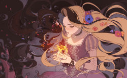 Rule 34 | 1girl, black background, black hair, blonde hair, bracelet, choker, cross-laced clothes, decay, disney, dissolving clothes, dress, flower, glowing, green eyes, hair flower, hair ornament, jewelry, kawacy, long hair, looking down, multicolored hair, parted lips, petals, puffy sleeves, purple dress, rapunzel (disney), simple background, solo, spoilers, tangled, two-tone hair, upper body, very long hair