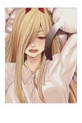 Rule 34 | 1girl, blonde hair, border, cat, chainsaw man, collared shirt, fangs, from above, hair over one eye, half-closed eyes, hand up, highres, horns, hoshi san 3, long hair, lying, meowy (chainsaw man), on back, one eye covered, open mouth, power (chainsaw man), red eyes, shirt, solo, white border, white shirt, wing collar