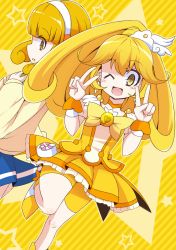Rule 34 | 10s, 2girls, aho, bike shorts, blonde hair, blush, boots, bow, cardigan, choker, cure peace, double v, dress, dual persona, hair flaps, hairband, highres, kise yayoi, leg up, long hair, magical girl, multiple girls, notebook, one eye closed, open mouth, ponytail, precure, school uniform, short hair, shorts, shorts under skirt, skirt, smile, smile precure!, tiara, v, white hairband, wink, wrist cuffs, yellow background, yellow bow, yellow dress, yellow eyes, yellow shorts, yellow skirt, yellow theme
