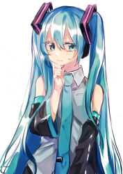 Rule 34 | 1girl, arm at side, bare shoulders, black skirt, black sleeves, blue eyes, blue hair, blue necktie, blush, collared shirt, detached sleeves, hair ornament, hand on own chin, hatsune miku, headset, long hair, long sleeves, looking at viewer, necktie, nuko 0108, pout, raised eyebrows, shirt, sidelocks, simple background, skirt, sleeveless, sleeveless shirt, solo, sweatdrop, tie clip, twintails, upper body, very long hair, vocaloid, white background, white shirt