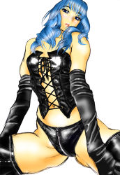 Rule 34 | 1girl, bare shoulders, black corset, black footwear, black gloves, blue eyes, blue hair, boots, corset, elbow gloves, female focus, from below, gankisuki, gloves, latex, latex boots, latex gloves, lips, lipstick, looking at viewer, looking down, makeup, matching hair/eyes, navel, simple background, solo, spread legs, thighhighs, white background