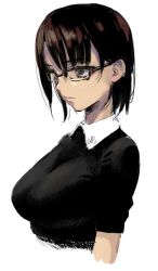 Rule 34 | 1girl, breasts, character request, closed mouth, collared dress, cropped torso, dress, glasses, kotoyama, large breasts, original, short hair, simple background, solo, white background