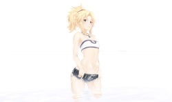 Rule 34 | 1girl, absurdres, belt, blonde hair, breasts, denim, denim shorts, fate/grand order, fate (series), gluteal fold, green eyes, groin, hair ornament, hair scrunchie, highres, jewelry, looking at viewer, mordred (fate), mordred (fate/apocrypha), mordred (memories at trifas) (fate), navel, necklace, ponytail, red scrunchie, reflection, scrunchie, shorts, small breasts, solo, takatun223, thighs, thumb in beltline, wading, water, white background