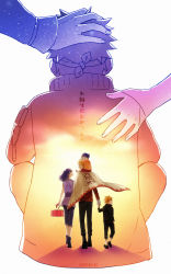 Rule 34 | 10s, 3boys, 3girls, age difference, artist request, back, blue eyes, blue hair, boruto: naruto next generations, box, brother and sister, cape, carrying, child, closed eyes, dated, facial mark, facing another, family, father and daughter, father and son, fire, flame print, from behind, hand on head, hand on shoulder, happy, height difference, highres, holding hands, husband and wife, hyuuga hinata, jacket, japanese text, kanji, laughing, long hair, looking at another, looking away, mother and daughter, mother and son, multiple boys, multiple girls, namikaze minato, naruto, naruto (series), naruto shippuuden, open mouth, pants, projected inset, sandals, shadow, short hair, shoulder carry, siblings, sun, sunlight, sunset, translation request, transparent, uzumaki boruto, uzumaki himawari, uzumaki kushina, uzumaki naruto, walking, youzt