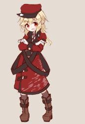 Rule 34 | 1girl, absurdres, belt, belt buckle, black belt, blonde hair, blush, boots, brown background, brown footwear, brown socks, buckle, coat, collared shirt, crossed arms, flat cap, full body, girls&#039; frontline, gloves, griffin &amp; kryuger military uniform, hair between eyes, hat, highres, kneehighs, long hair, long sleeves, looking at viewer, matsuo (matuonoie), nagant revolver (girls&#039; frontline), open mouth, red coat, red eyes, red hat, shirt, simple background, socks, solo, standing, white gloves, white shirt