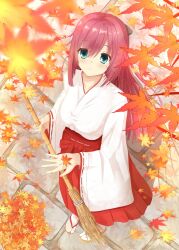 Rule 34 | 1girl, alternate costume, aqua eyes, autumn, autumn leaves, blurry, blush, breasts, broom, closed mouth, commentary request, day, depth of field, eyelashes, eyes visible through hair, foreshortening, from above, full body, geta, highres, holding, holding broom, japanese clothes, kimono, large breasts, long hair, long sleeves, looking at viewer, maniwa roka, miko, mole, mole under eye, omu oshiron, open hand, outdoors, purple hair, red skirt, senren banka, skirt, smile, solo, standing, tabi, very long hair, white kimono, wide sleeves