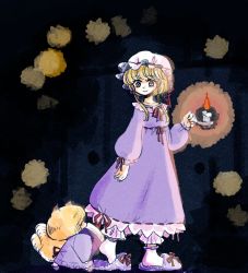 Rule 34 | 2girls, :&gt;, aged down, animal ears, blonde hair, candle, candlelight, carrying, closed eyes, dark background, dress, fox ears, fox tail, frilled hat, frills, hat, hat ribbon, height difference, hugging object, komaku juushoku, long sleeves, looking at another, looking down, looking up, mob cap, multiple girls, multiple tails, night, pillow, pillow hug, puffy long sleeves, puffy sleeves, purple dress, purple eyes, red ribbon, ribbon, short hair, sidelocks, slippers, tail, touhou, two tails, walking, white hat, white legwear, wide sleeves, yakumo ran, yakumo yukari