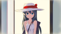Rule 34 | 1girl, bare arms, bare shoulders, black hair, blue eyes, bow, braid, closed mouth, door, dress, hair bobbles, hair ornament, hair over shoulder, hat, hat bow, highres, long hair, looking at viewer, mianbaoshi mengxiang, original, red bow, single braid, smile, solo, sun hat, sundress, upper body, white dress