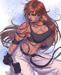 Rule 34 | 1girl, abs, baggy pants, belt, black belt, black choker, black gloves, black sports bra, borrowed character, breasts, brown hair, choker, cleavage, clenched hands, commentary, commission, cross, cross necklace, dark-skinned female, dark skin, english commentary, fingerless gloves, gloves, highres, jewelry, long hair, martial arts belt, medium breasts, midriff, mma gloves, muscular, muscular female, necklace, original, pants, scar, shana lastname (austonish1), solo, sports bra, superbull, too many, too many scars, very long hair, white pants