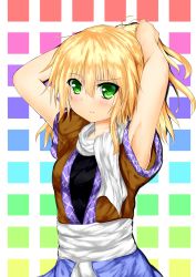 Rule 34 | 1girl, adjusting hair, armpits, blonde hair, blouse, blush, checkered background, frown, gradient background, green eyes, hands on own head, highres, looking at viewer, mikage000, mikagemaru (mikage000), mizuhashi parsee, ponytail, sash, scarf, shirt, solo, touhou, tying hair