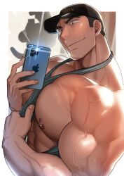 Rule 34 | 1boy, abs, absol (dkqthf), bara, bare pectorals, baseball cap, between pectorals, black hair, closed mouth, clothes pull, facial hair, grey tank top, hat, holding, holding phone, large pectorals, male focus, muscular, muscular male, nipple piercing, nipples, original, pectoral flexing, pectorals, phone, piercing, selfie, shirt pull, short hair, sideburns stubble, smile, solo, stubble, sweat, tank top