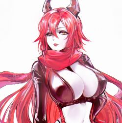 Rule 34 | 1girl, breasts, chest harness, cleavage, crop top, cropped jacket, goddess of victory: nikke, hair between eyes, harness, headgear, highres, jacket, large breasts, leather, leather jacket, lips, long hair, navel, nvalkyrja, red hair, red hood (nikke), red scarf, scarf, simple background, solo, very long hair, white background, yellow eyes, zipper