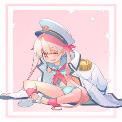 Rule 34 | 1girl, ankle cuffs, bikini, blue bikini, blush, butterfly sitting, coat, coat on shoulders, commentary, epaulettes, full body, genderswap, genderswap (mtf), hair between eyes, hair ribbon, hat, kyarahiba, long hair, neckerchief, official alternate costume, one eye closed, onii-chan wa oshimai!, open mouth, oyama mahiro, peaked cap, pink background, pink hair, red neckerchief, red ribbon, ribbon, sailor bikini, sailor collar, simple background, single barefoot, sitting, solo, spread legs, star (symbol), swimsuit, tearing up, twintails, white coat, wince