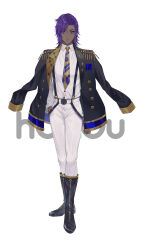 Rule 34 | 1boy, absurdres, artist request, belt, black footwear, black jacket, blue eyes, boots, closed mouth, collared shirt, copyright name, cross, cross earrings, dark-skinned male, dark skin, earrings, epaulettes, facing viewer, full body, hand in pocket, highres, houou project, jacket, jacket on shoulders, jewelry, knee boots, logo, long sleeves, looking at viewer, male focus, necktie, official art, pants, purple hair, shirt, shirt tucked in, short hair, solo, sothoth (houou project), standing, suspenders, swept bangs, tachi-e, virtual youtuber, white background, white belt, white pants, white shirt, yellow necktie