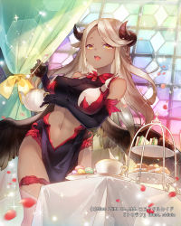 Rule 34 | 1girl, :d, bad id, bad pixiv id, bare shoulders, black dress, black gloves, blurry, blurry foreground, blush, braid, breasts, brown wings, character request, commentary request, covered erect nipples, curled horns, curtains, dark-skinned female, dark skin, depth of field, dress, elbow gloves, feathered wings, food, gloves, holding, holding spoon, holding teapot, horns, large breasts, light brown hair, long hair, looking at viewer, lost crusade, macaron, navel, open mouth, parted bangs, pelvic curtain, petals, sandwich, shinia, skindentation, sleeveless, sleeveless dress, smile, solo, sparkle, spoon, stained glass, sweets, table, teapot, tiered tray, very long hair, watermark, wings