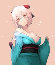 Rule 34 | 1girl, ahoge, bad id, bad pixiv id, bare shoulders, black bow, blue kimono, blush, bow, breasts, brown background, brown eyes, cleavage, closed mouth, collarbone, commentary, fate/grand order, fate (series), flower, hair between eyes, hair bow, hair flower, hair ornament, head tilt, huyou (awegk), japanese clothes, kimono, koha-ace, long sleeves, looking away, looking to the side, medium breasts, obi, off shoulder, okita souji (fate), okita souji (koha-ace), pinching sleeves, pink hair, red flower, sash, short hair, solo, wide sleeves
