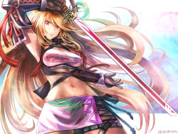 Rule 34 | 1girl, arm up, armpits, black gloves, black sleeves, blonde hair, breasts, closed mouth, crop top, detached sleeves, floating hair, frown, gloves, hair between eyes, holding, holding sword, holding weapon, long hair, medium breasts, microskirt, midriff, milla maxwell, navel, purple skirt, red eyes, red ribbon, ribbon, skirt, solo, stomach, sushi (sashimise), swept bangs, sword, tales of (series), tales of xillia, twitter username, very long hair, weapon