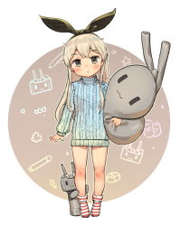 Rule 34 | 1girl, :o, aged down, alternate costume, anchor hair ornament, aran sweater, bare legs, black hairband, blonde hair, blush, cable knit, commentary request, full body, grey eyes, hair ornament, hair ribbon, hair tubes, hairband, highres, holding, holding stuffed toy, kantai collection, long hair, long sleeves, looking at viewer, osananajimi neko, rensouhou-chan, ribbon, shimakaze (kancolle), simple background, socks, striped background, striped clothes, striped legwear, striped socks, stuffed toy, sweater, white background